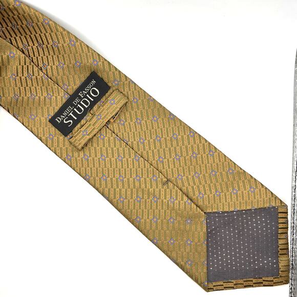 Daniel De Fasson- Men's Tie - Green Gold& Blue Foulard Geometric Design 58" Long - Picture 2 of 5